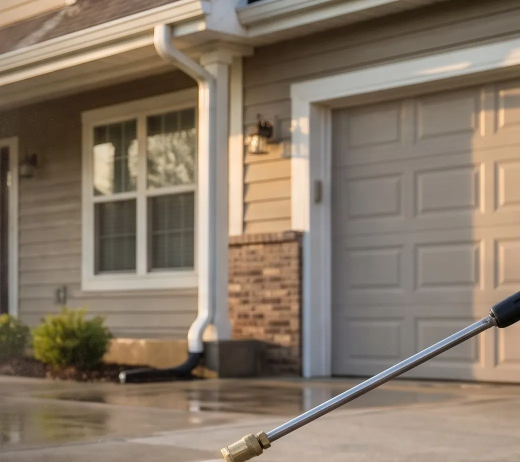 Clean gutter downspout and pressure washer wand at a DeSoto County, MS home